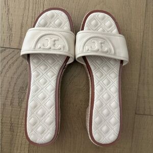 Tory Burch Ivory Quilted Slide Sandals